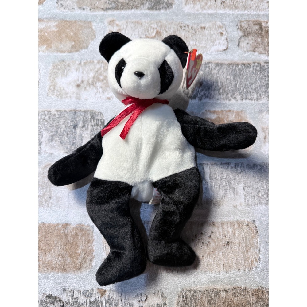 Ty Beanie Babies Fortune the Panda‎ 1997 Vintage Plush Red Ribbon Black White